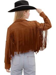 Girls Fringe Faux Suede Leather Jackets Kids Western Tassels Motorcycle Cardigan Cropped Coats (5-14 Years) - 棕色 - 查看 3