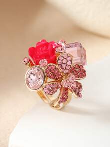 1pc Shiny Geometric Crystal 3D Open Ring, Colorful Flower Ring, Suitable For Daily Wear