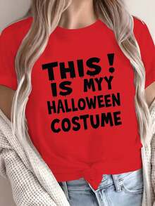 Camiseta de disfraz de Halloween para mujer - "Esto es mi disfraz de Halloween" - Camiseta roja brillante para fiestas de Halloween - Parte superior casual suave para todos los días - Ropa de Halloween esencial de fácil cuidado, ropa de Halloween, ropa festiva, diseño de declaración audaz, ajuste cómodo, ropa de vacaciones, diseño juguetón, material duradero, camiseta de manga corta, fiesteros - Rojo - Ver 2