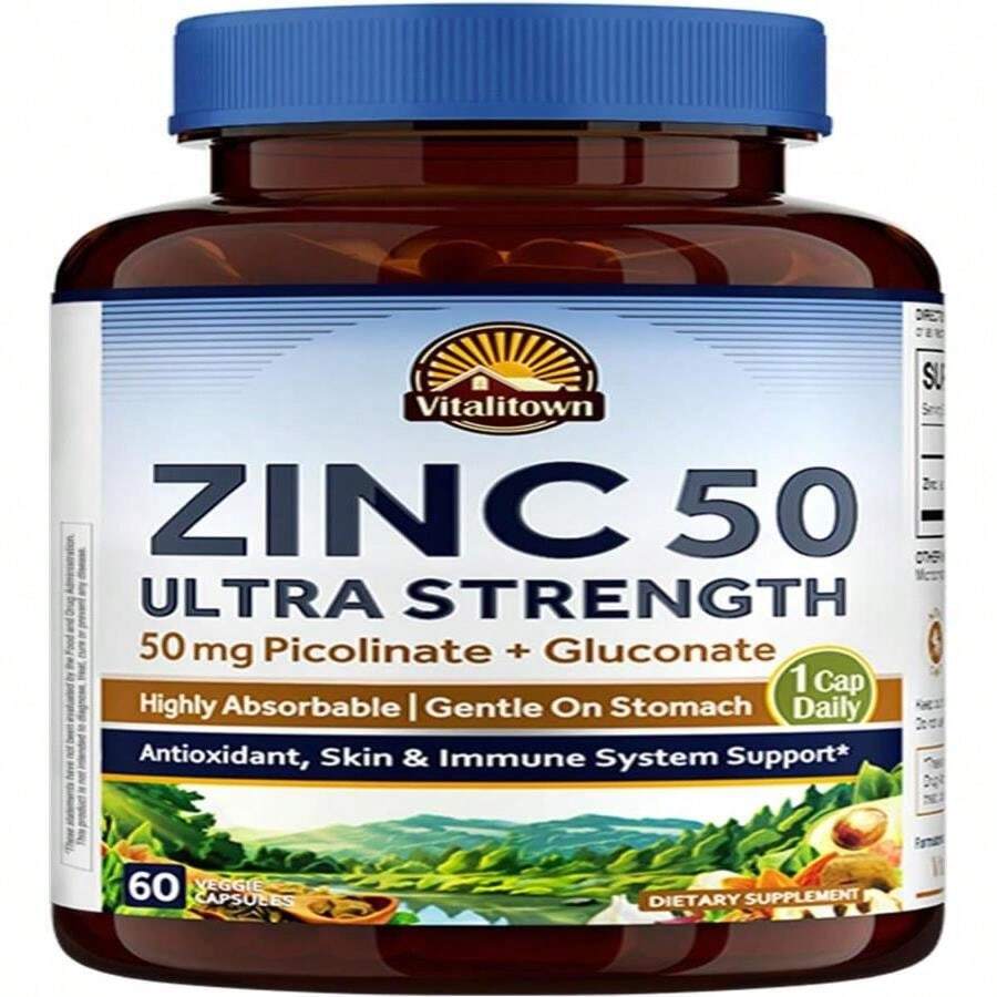 Vitalitown Chelated Zinc 50 Mg, Zinc Picolinate &Amp; Gluconate, 60 Veggie Capsules, Well-Absorbed, Immune System, Healthy Skin &Amp; Development, Vegan, NO Gluten, Non-GMO - Tên hương vịA - Xem 1