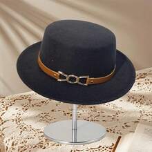 Sombrero Fedora de mujer para otoño e invierno, moderno, con hebilla y cinturón, de lana, estilo jazz, ideal para fotografía. - Negro - Ver 5
