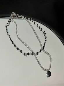 1pc Minimalist Chic Black Gemstone Double Layer Necklace, Layered Choker Necklace, Fashionable Accessory Suitable For Women's Daily And Holiday Wear