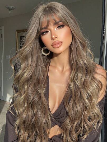 26 Inch Long Brown Wig For Women With Bangs Wavy Curly Synthetic Hair Natural Looking Heat Resistant Fiber For Daily Party School Use For Everyday Parties Festival Travel Music Festivals Holiday Gifts For Daily Party,Natural Sexy Simple Casual Sports Preppy Cosplay Heat Resistant Fake Hair Or Holiday Party Everyday Wear,Halloween Christmas Gifts, Gifts For Girlfriends,Gifts For Girlfriends