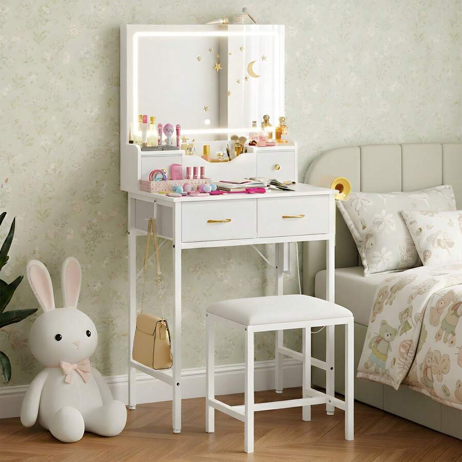 Tomnk 60cm White Makeup Vanity Desk Set With Lighted LED Mirror, 4 Frabic Drawers & Cushioned Stool, Built-In Power Outlet & USB Charging, 3 Color Adjustable Brightness, Modern Glam Dressing Table For Bedroom Women - US B Type Plug(110-127V) - View 1