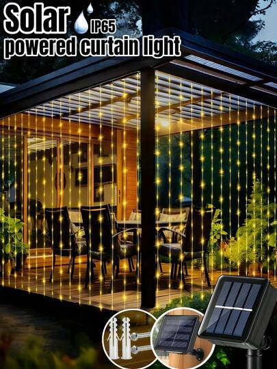 1PC Solar Curtain Light String -8 Lighting Modes, 100/200/300 LED, Copper Wire Light String, IP65 Waterproof Fairy Light, Solar Christmas Light String, Suitable For Gardens, Courtyards, Pavilions, House Walls, Families, Weddings, Parties, Windows, Christmas Decoration, Indoor/Outdoor Decoration (Warm White/White/Color)