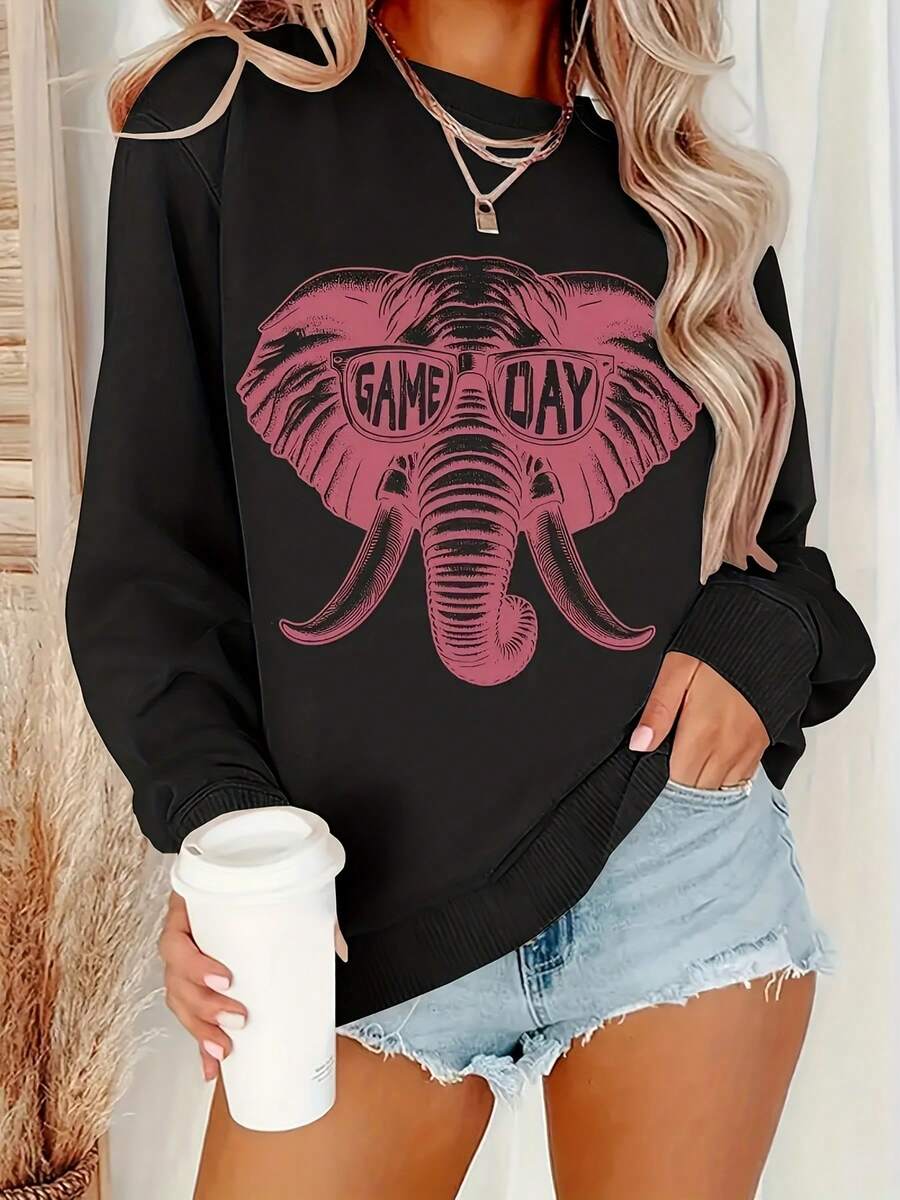 Simple And Monotonous Cartoon Text Interesting Print Soft Cozy Pullover Sweatshirt WithCrewneck Sweatshirt , Long Sleeves, Plus Size Crewneck Sweatshirt , Cartoon Character Design For Cozy, Fall/Winter Casual Wear For Women. - 黑色27 - 查看 1