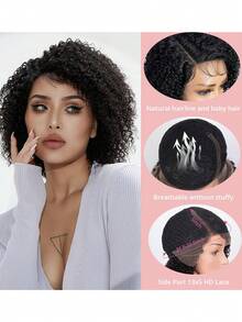 QVR QUEEN VIRGIN REMY QVR Short Kinky Curly Bob Lace Front Wig Human Hair 12 Inch Side Part Kinky Curly Bob Wigs Pre Plucked With Baby Hair - Black - View 2