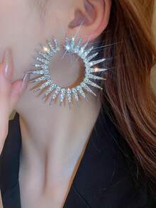 1Pc Glamorous Sunburst Hoop Earrings - Clear Rhinestone Statement Earrings For Women, Hypoallergenic Large Sparkle Hoops For Party & Daily Wear