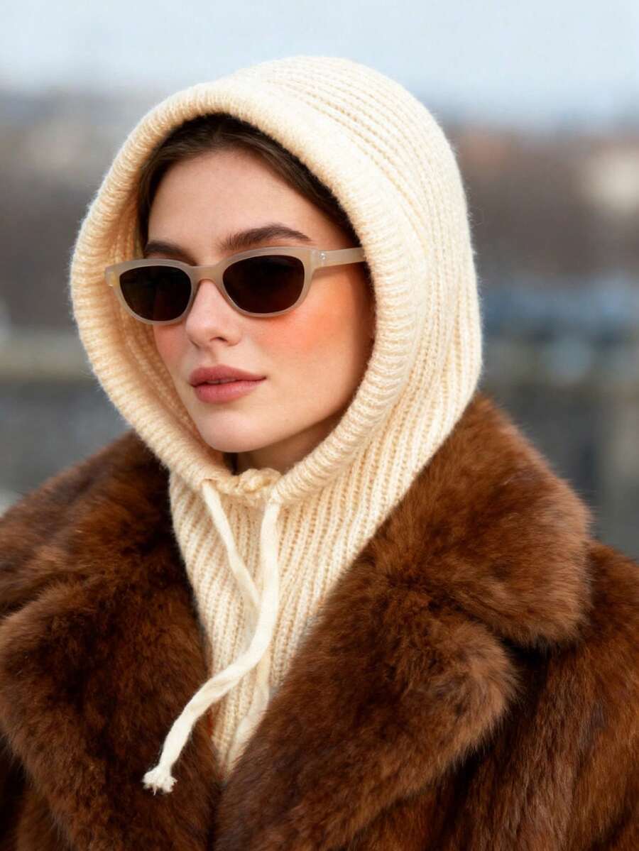 1件/2件装女士抽绳仿领羊毛拉法帽户外滑雪保暖针织面颈防护面罩帽，适合冬季防寒，颜色和款式随机发货，圣诞礼物