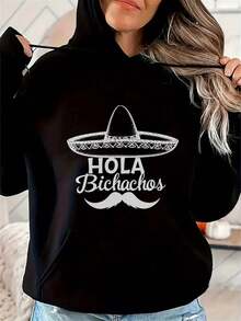Sudadera negra para mujeres con estampado de sombrero y bigote - Sudadera casual de ajuste relajado, tela suave y elástica de peso medio, capucha con cordón ajustable, lavable a máquina para uso diario en otoño e invierno (tallas S-3XL), diseño gráfico divertido - EL NEGRO- - Ver 1