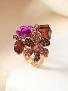 1pc Shiny Geometric Crystal 3D Open Ring, Colorful Flower Ring, Suitable For Daily Wear