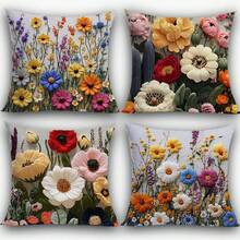 4pcs Modern Floral Print Peach Velvet Throw Pillow Covers, 18" X 18" - Daisy, Cactus Decorative Cushion Covers For Living Room Bedroom Sofa Bed Outdoor, No Pillow Inserts (Not Real Embroidery) - Multicolor - View 11