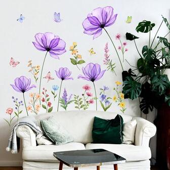 1 套紫色花朵蝴蝶雏菊墙贴花，适用于卧室浴室客厅家居装饰