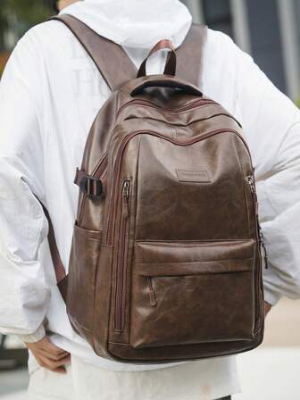 Men's Retro Backpack Student Backpack With Large Capacity And Zipper Suitable For Work, School, Travel Essential PU Leather Casual Retro Solid Color Commuter Backpack