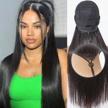 bling hair Hair Hidden Strap Kinky Straight Invisible Drawstring Flexible Glueless Human Hair Wigs Pre Plucked Pre Cut 360 Full Lace Front Wigs Human Hair 24 Inch Full Lace Kinky Straight Wigs For Women Straight 180% Density Natural Black - Natural Black - 查看 3
