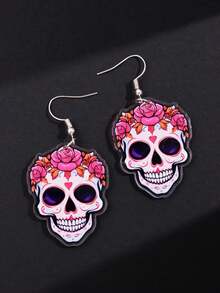 1 对哥特式花卉骷髅吊坠耳环，色彩鲜艳百搭的时尚朋克女士珠宝，适合万圣节、亡灵节、派对和日常佩戴