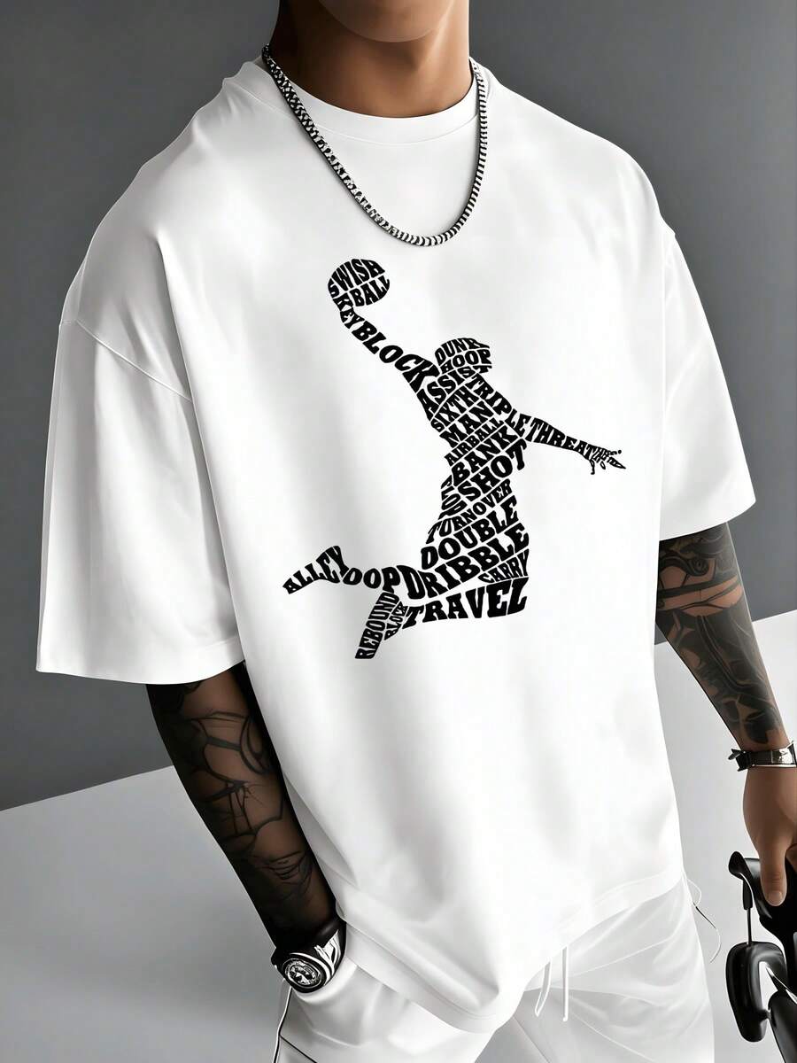 Basketball Typography Graphic Digital Printed T Shirt 220g 1pcs Sporty Style Men's Casual Round Neck Short Sleeve 100% Cotton Tee Streetwear Fashion Top - White - View 1