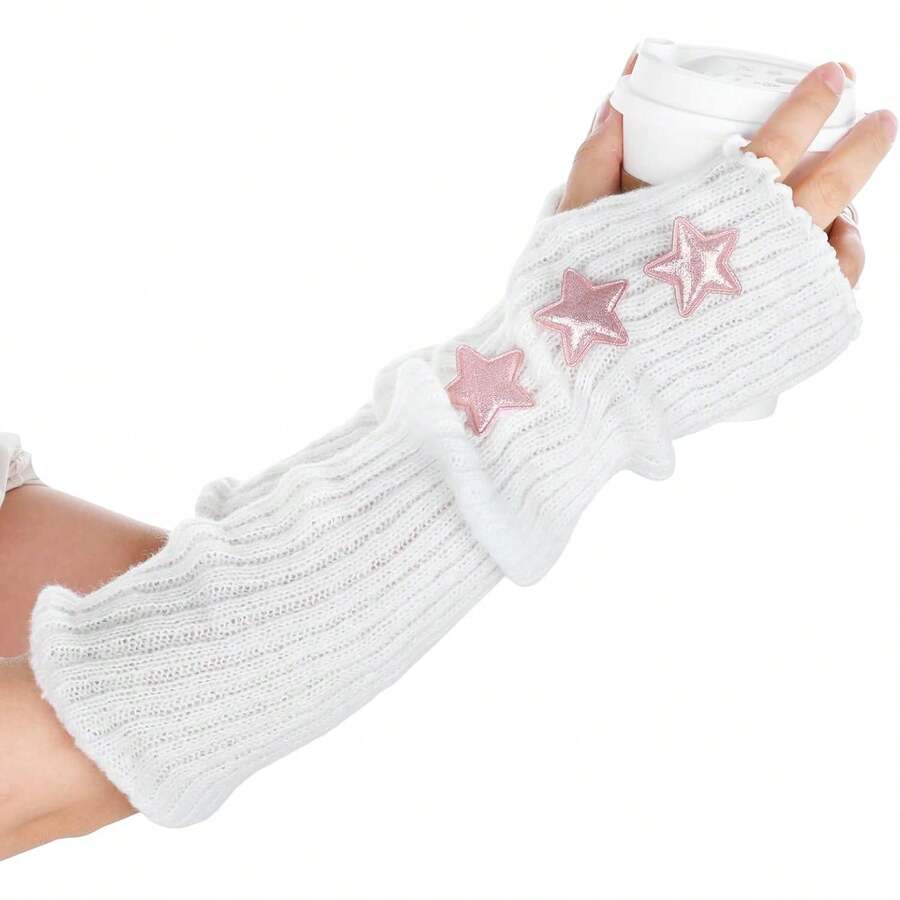 White Lace Arms Sleeves, Long Fingerless Arm Warmers, Autumn Winter Cute Knitted Arm Covers Women (16.5 Inch) - Ren - Xem 1