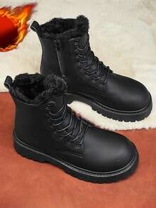 1 双男女款冬季新款黑色毛绒保暖高帮皮鞋靴子，时尚朋克系带圆头毛茸茸室内靴，比常规尺码大一码 - 黑色 - 查看 2