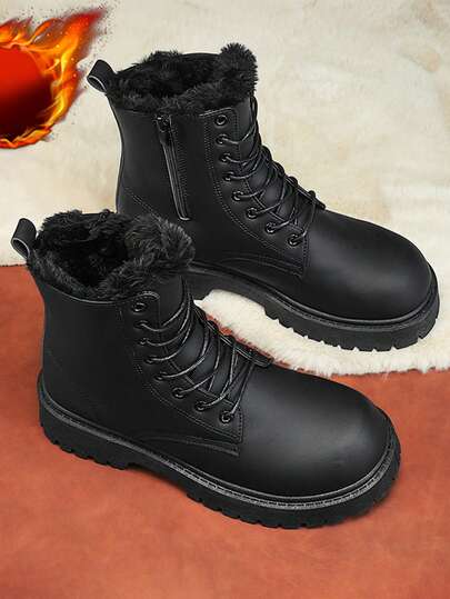 1 双男女款冬季新款黑色毛绒保暖高帮皮鞋靴子，时尚朋克系带圆头毛茸茸室内靴，比常规尺码大一码