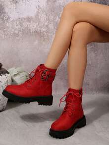 Winterliche Dicksohlen Plateau-Absatz Modische Damen High Heels Große Größen mit Schnürung, Seitlichem Reißverschluss, Einfachem Riemen-Schnallenverschluss, Modischer Studentischer College-Stil Damen Stiefel - Rot - Übersicht 2