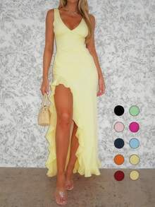 WOWDARK 夏季纯色连衣裙，时尚性感V领荷叶边开衩派对连衣裙，优雅女士长裙，适合情人节、约会、聚会、派对、旅行、度假、海滩等场合。