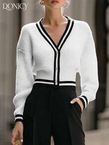 DONICY Damen einfarbige Kontrast V-Ausschnitt Einreiher Strickjacke, modischer retro minimalistischer vielseitiger Schwarz & WeTopeil, geeignet Lässigsual, Business, Konzerte, Schule, Partys