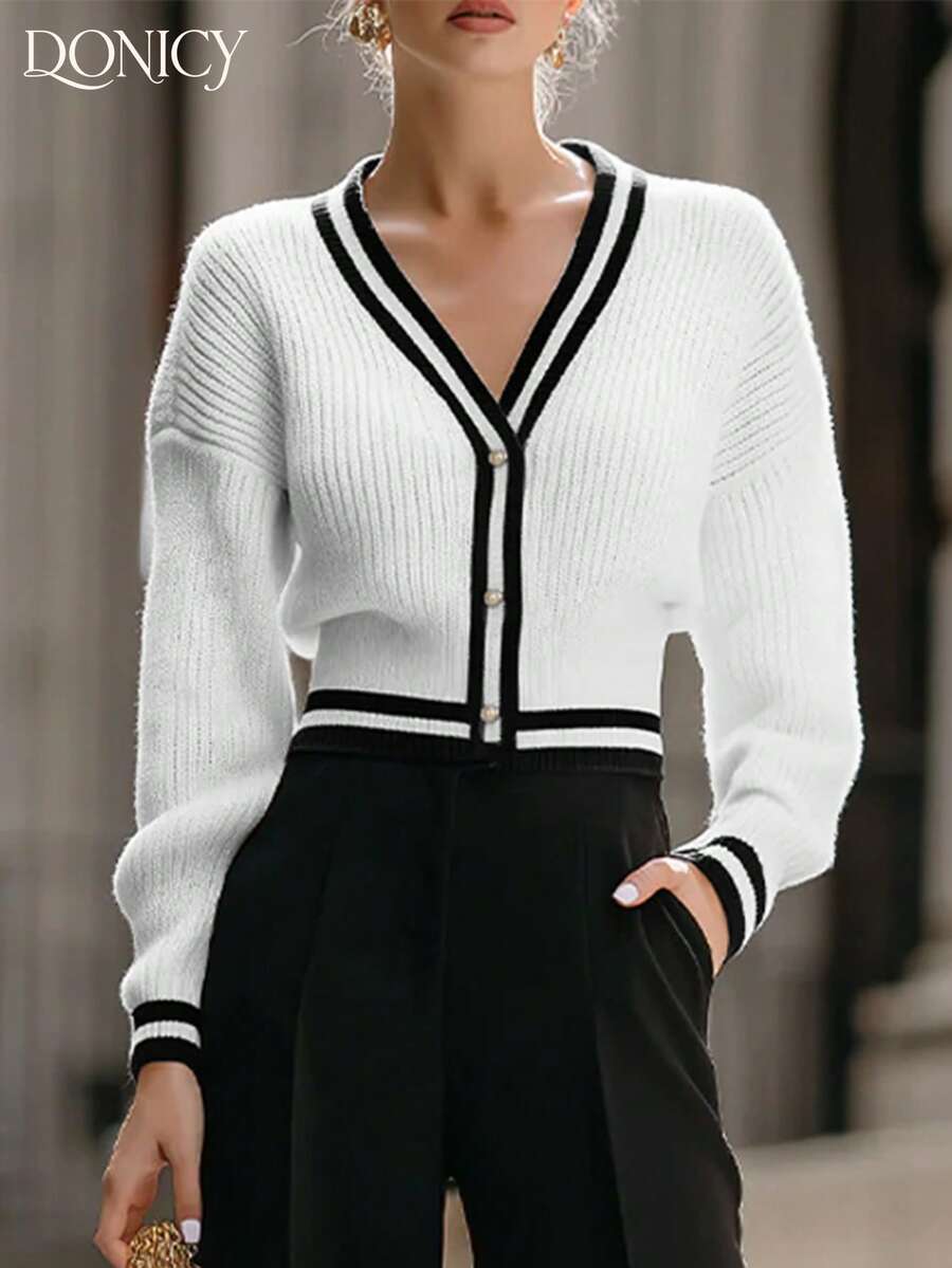 DONICY Damen einfarbige Kontrast V-Ausschnitt Einreiher Strickjacke, modischer retro minimalistischer vielseitiger Schwarz & WeTopeil, geeignet Lässigsual, Business, Konzerte, Schule, Partys