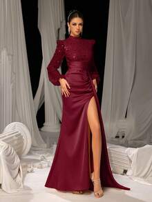 优雅缎面亮片高领晚礼服 - 泡泡袖，侧开衩缎面裙摆 - 完美适用于婚礼、盛大晚宴、正式晚宴、颁奖典礼和新年庆祝活动 - 酒紅色 - 查看 5