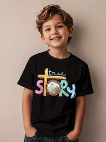 Children's Christian He Is Risen T-Shirt - True Story Cross And Resurrection Design, Comfortable Casual Round Neck Short Sleeve Easter Church Clothing, Christian Faith Clothing, Suitable For Boys And Girls, Spring Summer Autumn Church Activities And Casual Wear, Geometric Pattern And Cross Graphic, Breathable Fabric, Suitable For Regular Style For Activities And Games, Suitable For Easter Celebrations And Christian Gatherings, Boys' T-Shirt, Boys' Old Clothes, Back To School, Boys/Church Shirt, Toddler Boys' Clothing - 彩色 - 查看 1