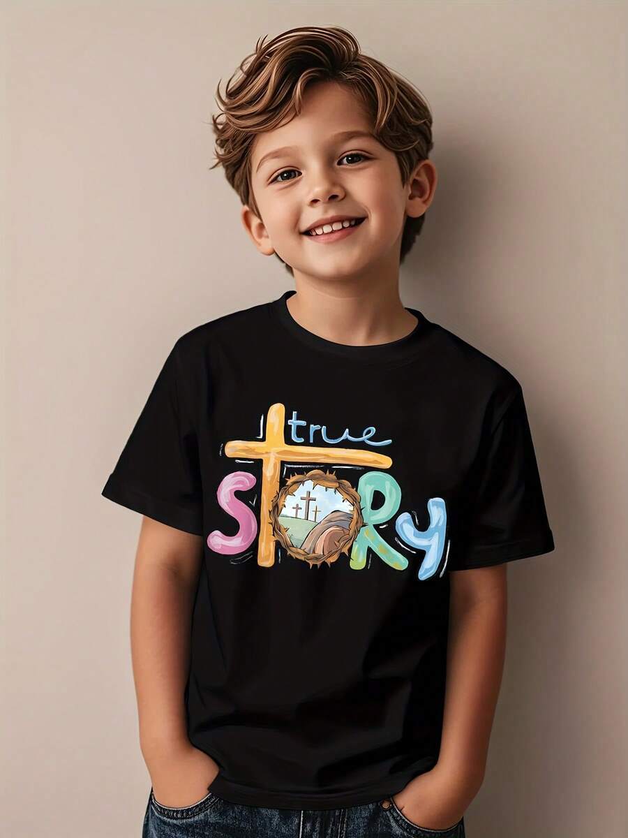 Children's Christian He Is Risen T-Shirt - True Story Cross And Resurrection Design, Comfortable Casual Round Neck Short Sleeve Easter Church Clothing, Christian Faith Clothing, Suitable For Boys And Girls, Spring Summer Autumn Church Activities And Casual Wear, Geometric Pattern And Cross Graphic, Breathable Fabric, Suitable For Regular Style For Activities And Games, Suitable For Easter Celebrations And Christian Gatherings, Boys' T-Shirt, Boys' Old Clothes, Back To School, Boys/Church Shirt, Toddler Boys' Clothing - 彩色 - 查看 1