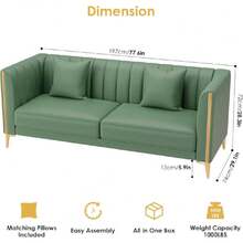 78'' Sofa, Green Couches For Living Room With 2 Throw Pillows, Comfy Faux Leather Couch 3 Seater Sofa With Gold Metal Legs, Modern Sofa Couch Deep Seat Sofas (Green),25014856 - 金色 - 查看 5