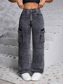 ZYANYA Jeans casuales de pierna ancha y larga para mujer con bolsillos y botones, detalles de cremallera, tejido muy elástico. - Gris - Ver 1
