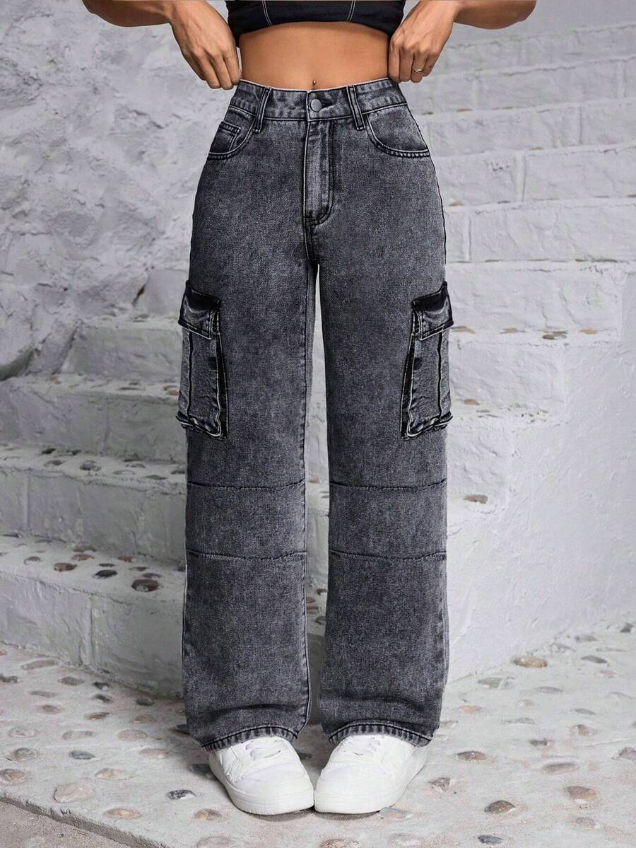 ZYANYA Jeans casuales de pierna ancha y larga para mujer con bolsillos y botones, detalles de cremallera, tejido muy elástico. - Gris - Ver 1