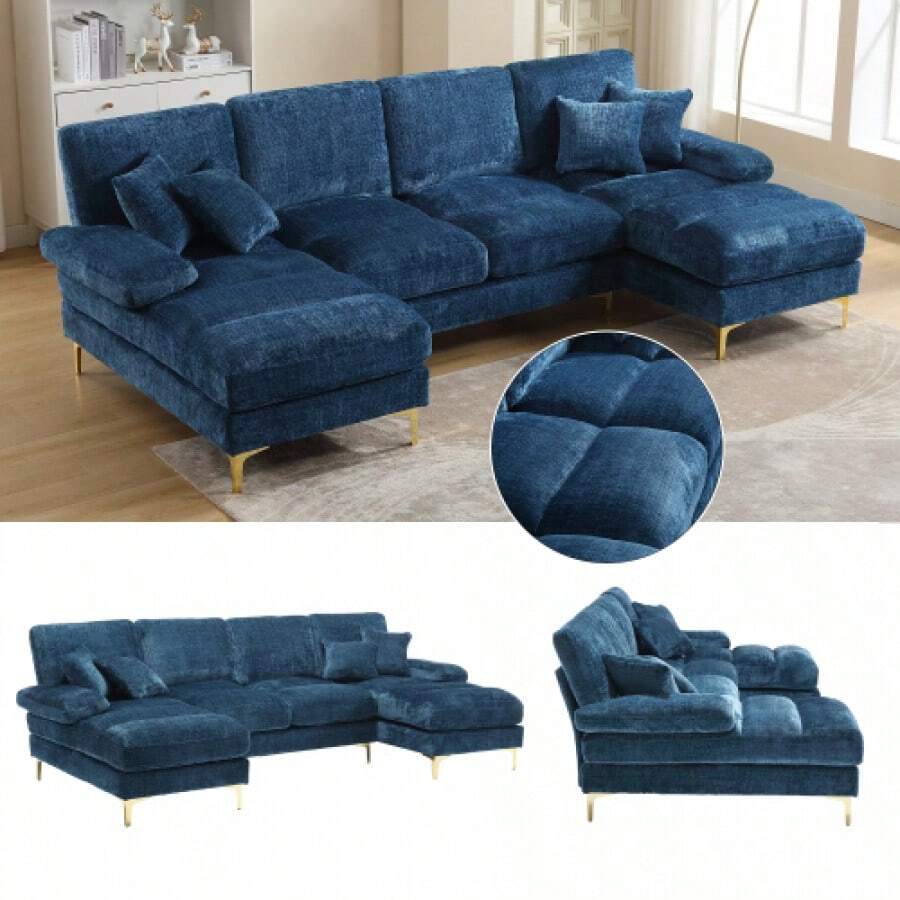 (Old SKU:W1880S00026)Modernes Large Chenille U-Shape Sektionssofa Mit Doppelten Liegesitzen Für Wohnzimmer Schlafzimmer Büro Wohnung Villa Wohnzimmer Zuhause Am Kamin - Blue - View 1