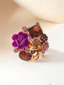1pc Shiny Geometric Crystal 3D Open Ring, Colorful Flower Ring, Suitable For Daily Wear