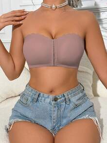 1pc Front Clasp Black One-Shoulder Fan-Shaped Bustier With Wide Silicone Upgraded Non-Slip Band, Comfortable Padded Bra, Seamless Wireless Bra For Women - Dusty Pink - View 4