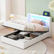 Polsterbett Kinderbett 90x200 Bett mit LED-Lichtleiste, Bluetooth-Player und USB-Aufladung, PU-Leder-Aufbewahrungsbett, Hochbettkasten, Jugendbett mit Lattenrost