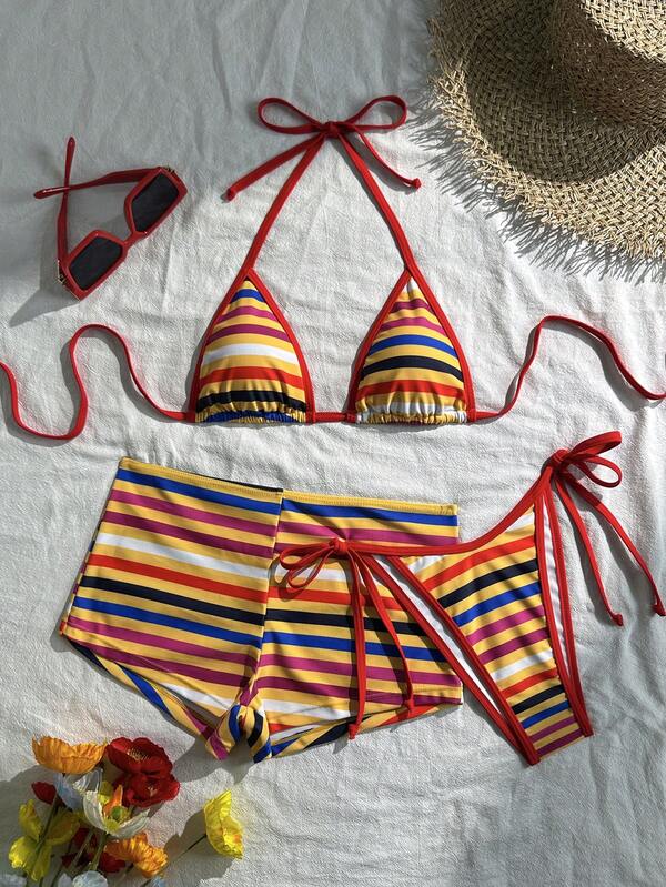 女士性感、活泼、活力、可爱、甜美休闲运动度假沙滩旅行彩色条纹印花挂脖系带比基尼三件套泳衣，春夏新款
