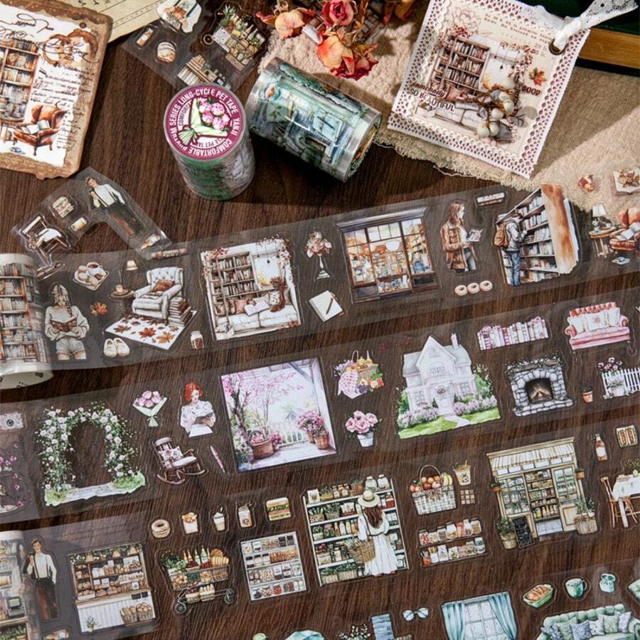 1 Rolle Vintage Charakter dekorativer Klebeband, komfortable Rhythmus Serie langanhaltend PET Klebeband, geeignet für Scrapbooking, Tagebuch, DIY Dekoration