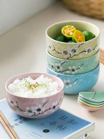 1pc Hand-Painted Ceramic Salad Bowl, Household Rice/Soup Bowl, Glazed Tableware