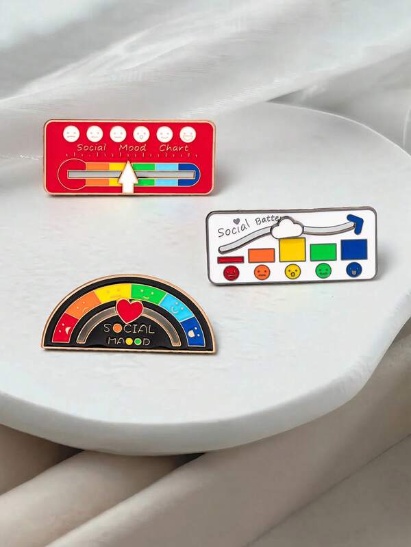 1/3pcs Social Battery Brooch, Student Backpack Badge, Unique Design Mood-Changing Metal Colorful Pin Decor For Clothes, Bags