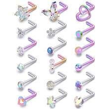 Surgical Steel Nose Ring 20G - Hypoallergenic Nose Studs With Cute Flat Opal Flower Diamond Heart - Straight L Shaped Purple, Pink, Black, Silver For Women Men Gift{"Color_name":"PurplelshapedNoseRingsStuds20G"} - 紫色l形鼻環耳環20G - 查看 1