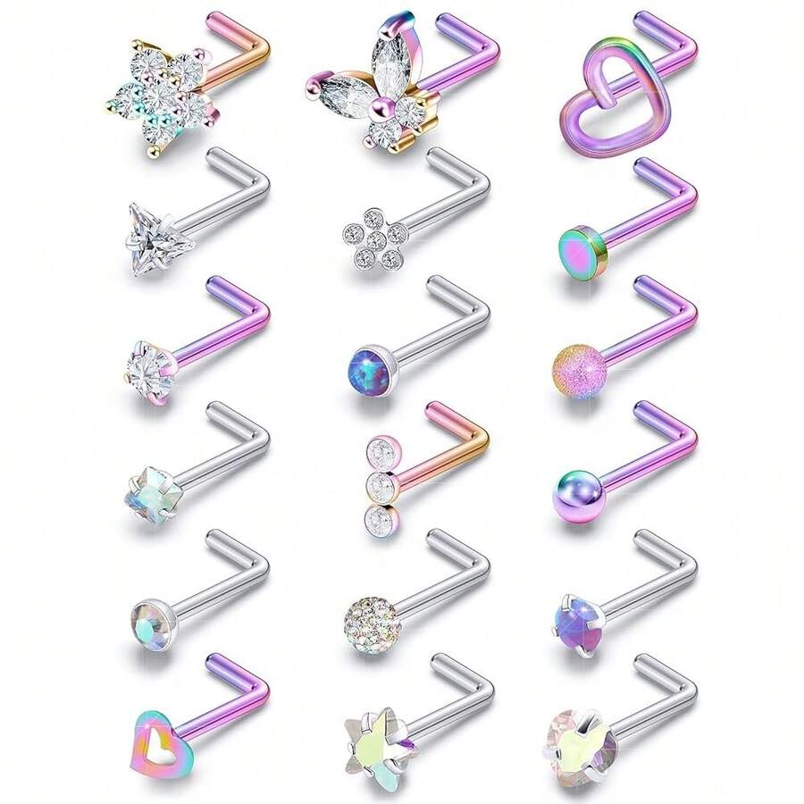 Surgical Steel Nose Ring 20G - Hypoallergenic Nose Studs With Cute Flat Opal Flower Diamond Heart - Straight L Shaped Purple, Pink, Black, Silver For Women Men Gift{"Color_name":"PurplelshapedNoseRingsStuds20G"} - 紫色l形鼻環耳環20G - 查看 1