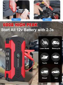 Portable Power Supply - Car Starting Battery Charger, With Flashlight, Compass And Emergency Power Supply, Suitable For Mobile Phones, Cars, Motorcycles, Yachts And Outdoor Activities - Design