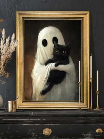 1PC Vintage Ghost Embracing Black Cat Canvas Art Print - Framed Wall Decor For Living Room, Home - Ideal For Halloween, Christmas, New Year, Birthday Party Decorations - Crafted With Canvas Material