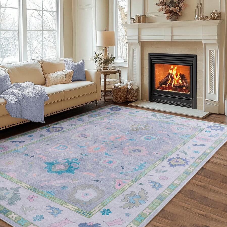 Area Rug 8x10 Feet Washable Rug, Pink Vintage Traditional Rug, Foldable Ultra-Thin Retro Decorative Indoor Distressed Non-Slip Carpet Floral Print Mat Bedroom Living Room Bathroom - 淺紫色 - 查看 1