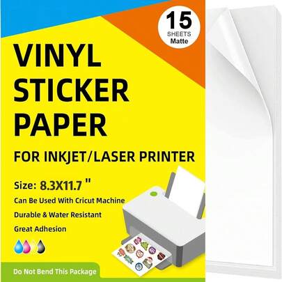 15 feuilles de papier autocollant vinyle premium, convenant aux imprimantes à jet d'encre et laser, blanc imperméable, séchage rapide, maintient bien l'encre, résistant à la déchirure, idéal pour les machines de découpe (finition mate)