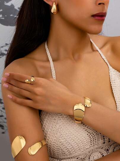 5pcs/Set Vintage Elegant Water Drop Design Women Bangle Bracelet, Ring, Earrings Jewelry Set, Suitable For Gifts, Parties, And Daily Wear