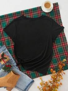 Camiseta De Cuello Redondo Para Mujer Con Estampado Navideño Letras Ho Ho Ho Y Papá  Noel, Camiseta Playera Estampada Para Mujer Ideal Para Temporada Navideña, Fiestas Navideña, Posadas, Año Nuevo. - Negro - Ver 2